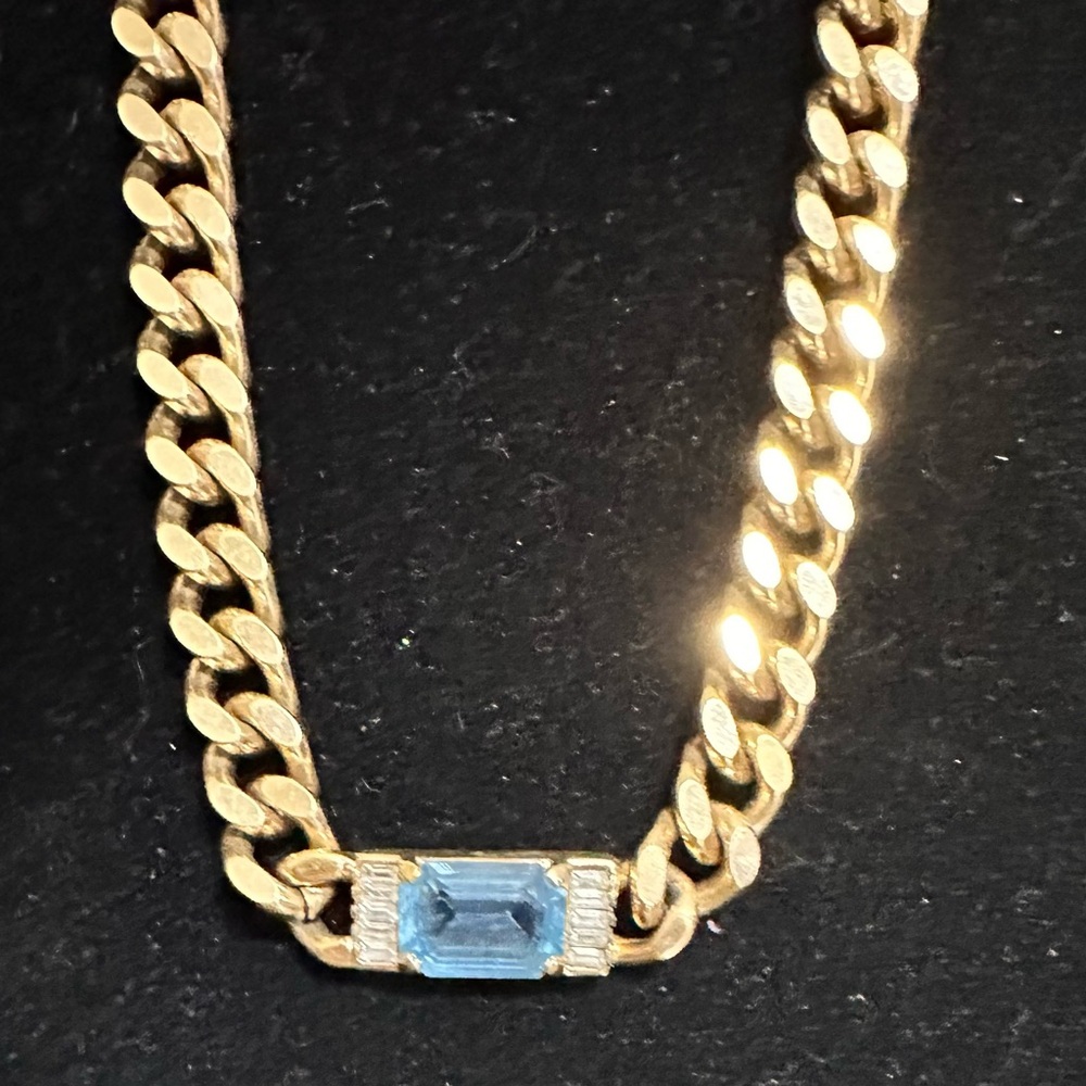 Swarovski Blue &  Baguettes Cuban Link Chain Choker-1980’s - Picture 3 of 11